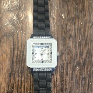 Geneva Black and Silver Watch with Crystal Accents